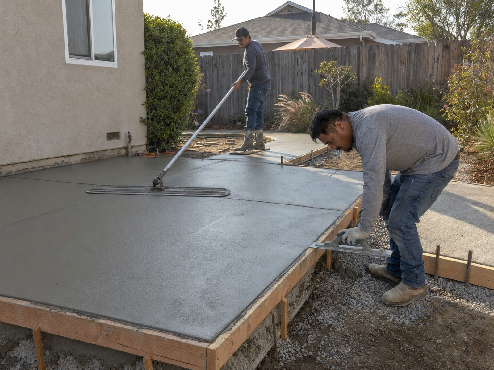 Workers finishing a freshly poured concrete patio slab